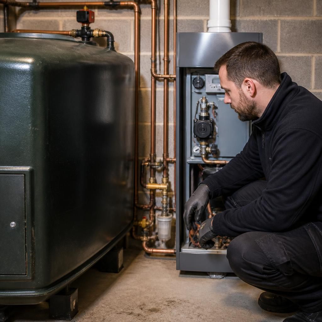 Heating engineer inspecting an oil boiler and its connecting pipework
