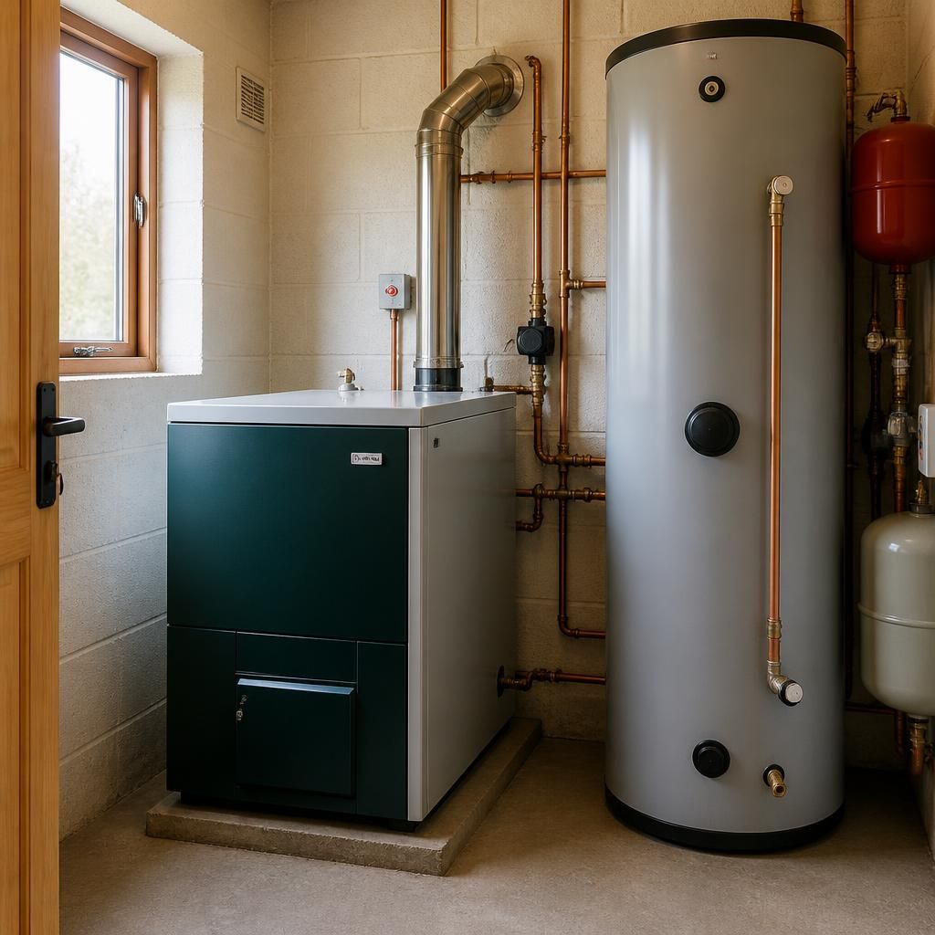 Oil boiler and hot-water cylinder installed in a utility room