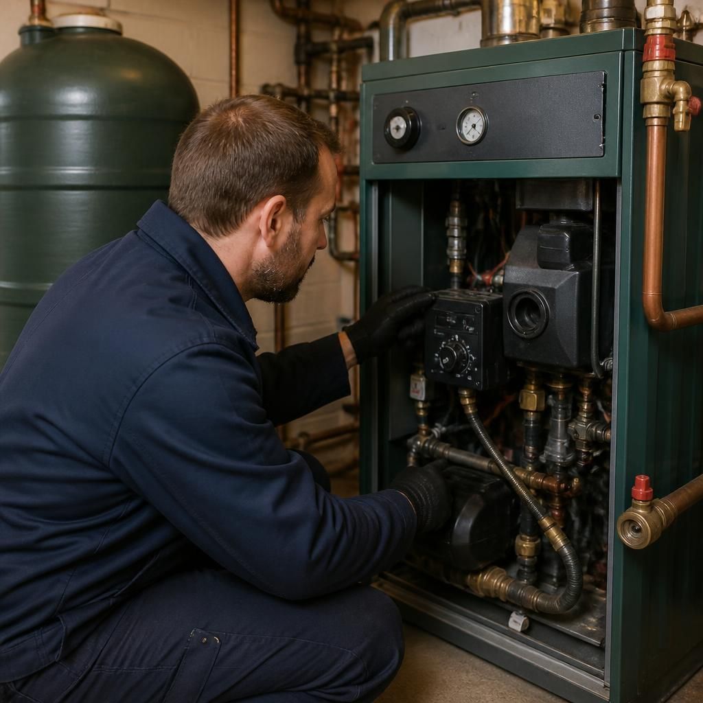 Engineer inspecting an oil boiler, controls and nearby pipework