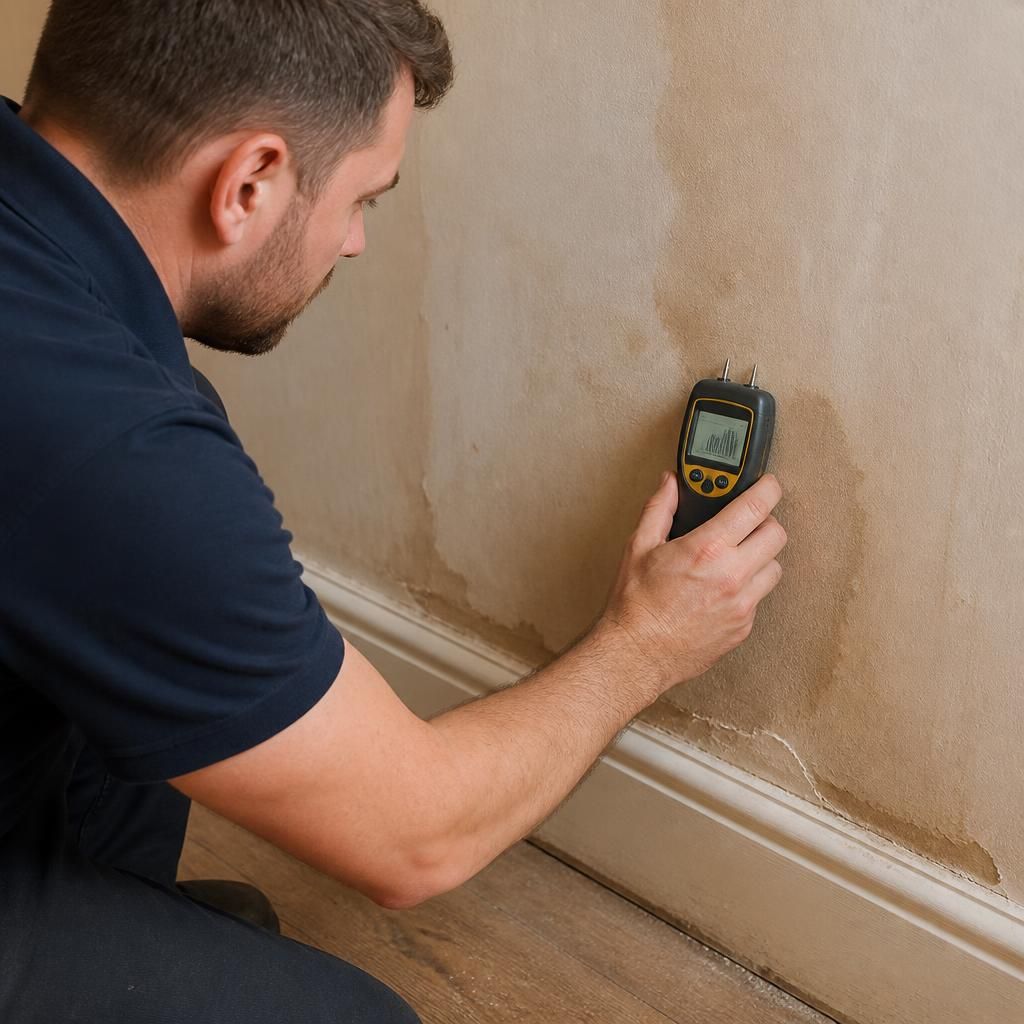 Plumber using a moisture meter to inspect a wall for a concealed leak