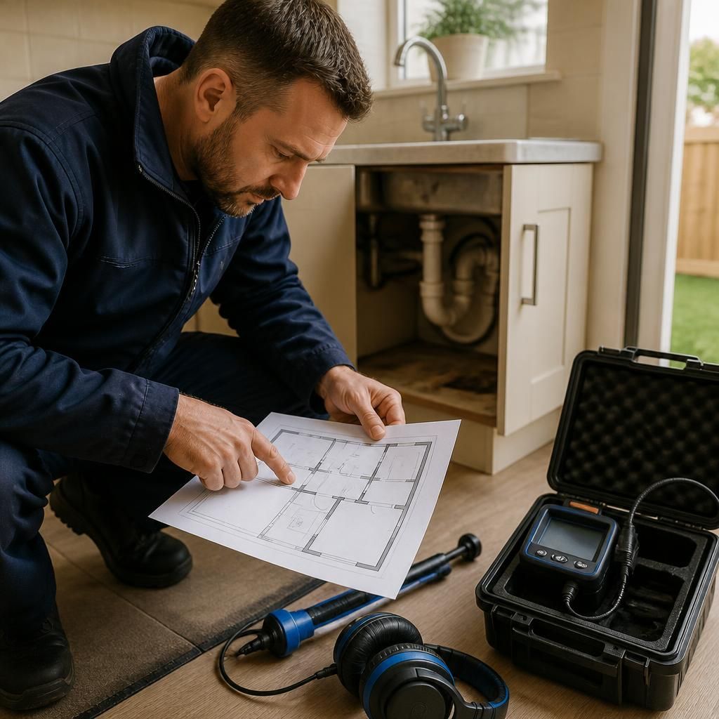 Plumber reviewing a property floor plan beside leak detection equipment