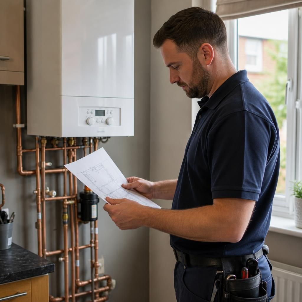 Engineer reviewing a boiler replacement installation plan in a residential property