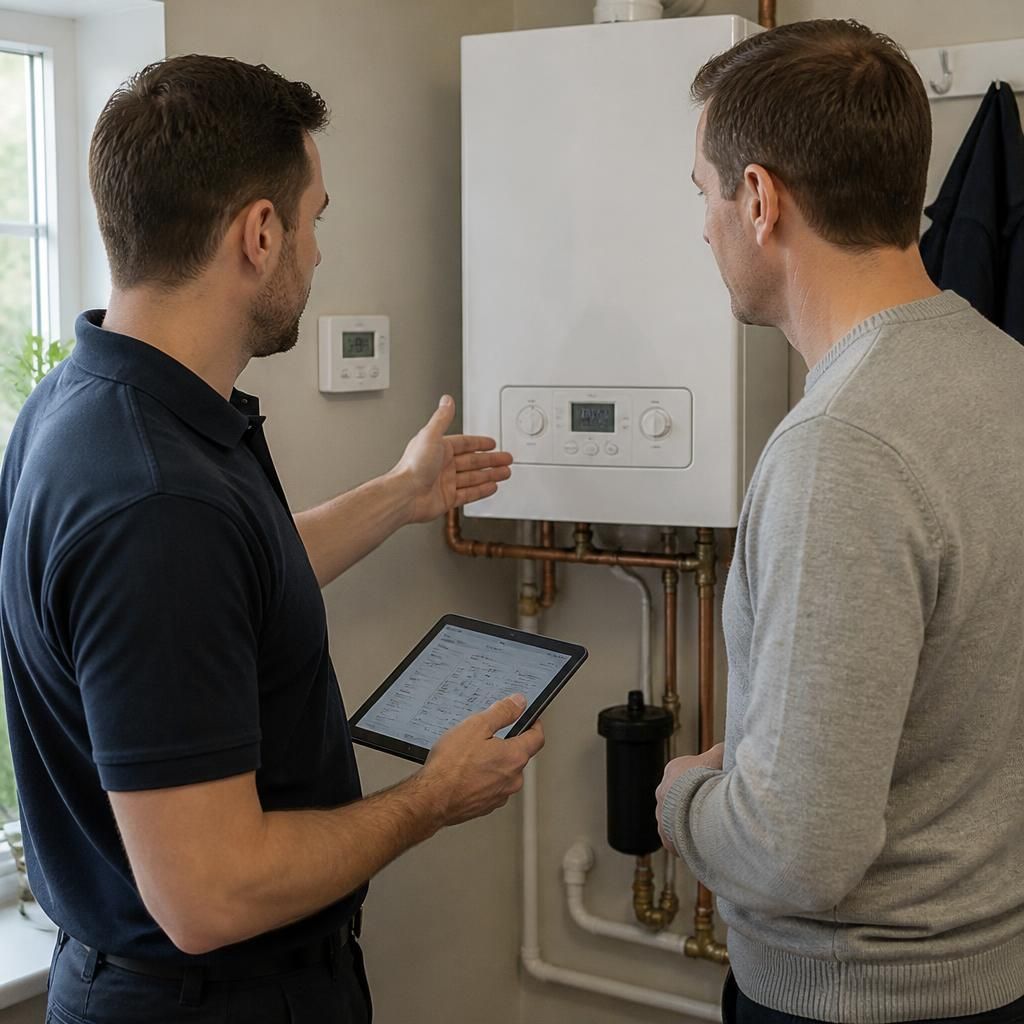 Engineer discussing boiler specifications and heating controls with a homeowner