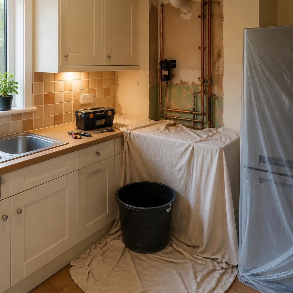 Carefully prepared residential kitchen area ready for boiler replacement work