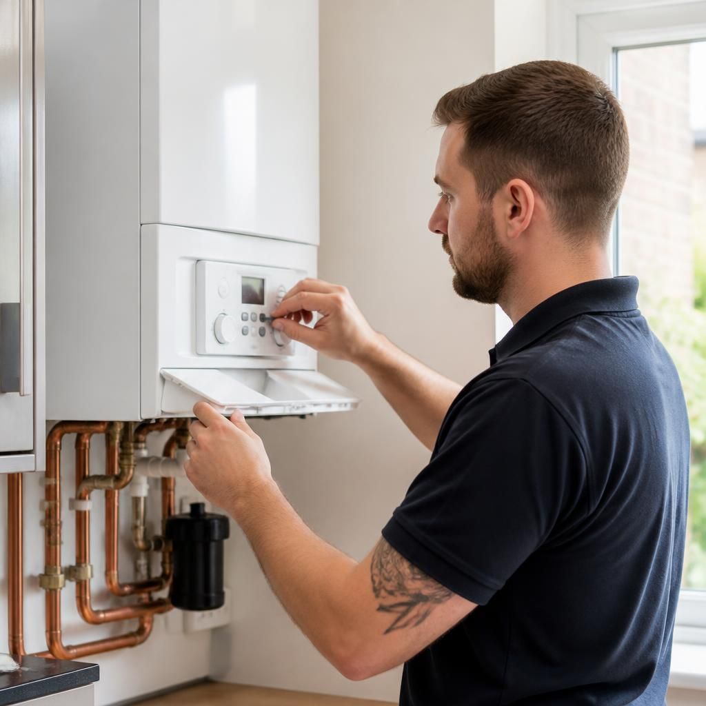 Engineer carrying out detailed checks on a newly installed replacement boiler