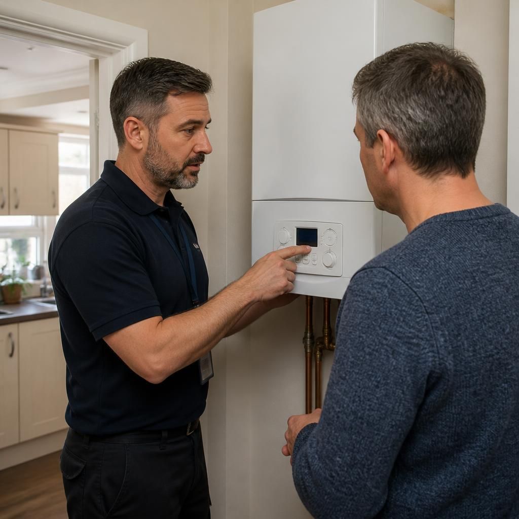 Homeowner receiving practical guidance on operating a replacement boiler