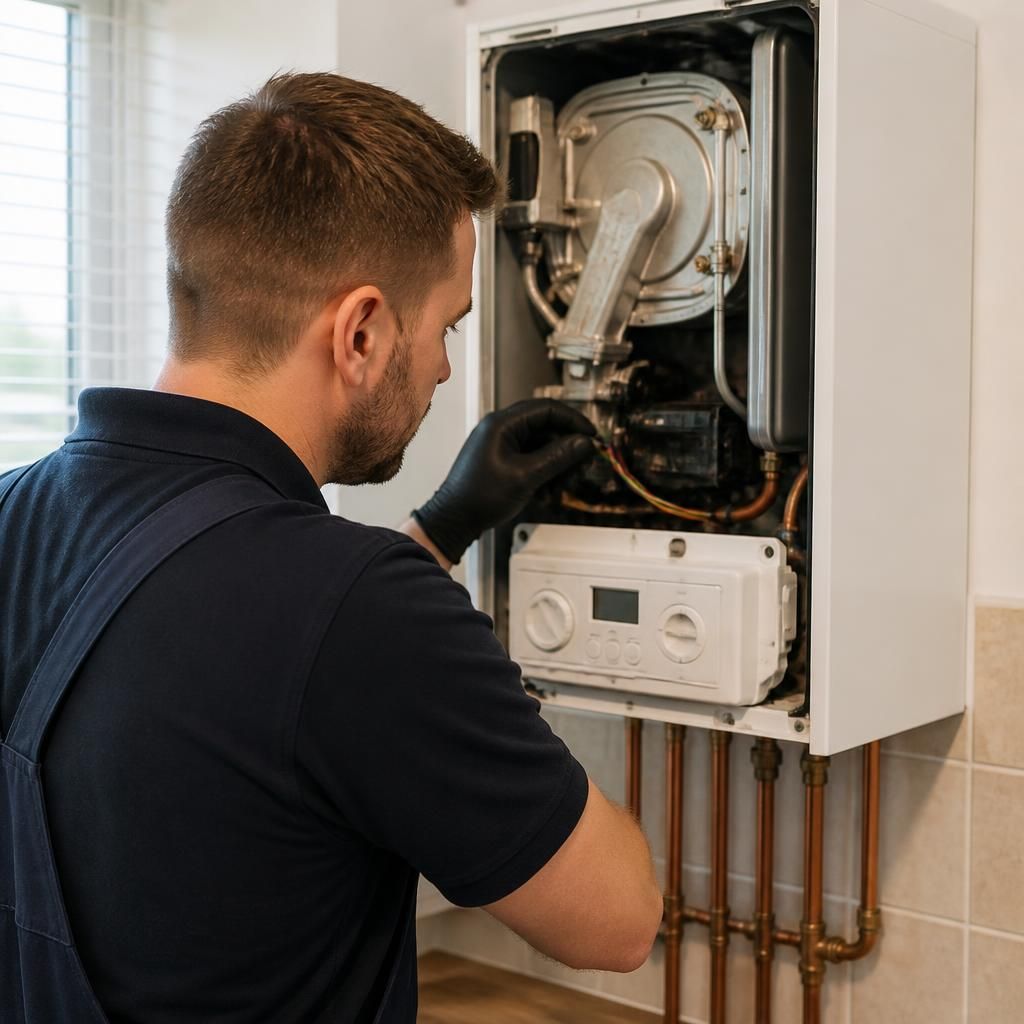 Engineer inspecting a domestic boiler with its front panel removed