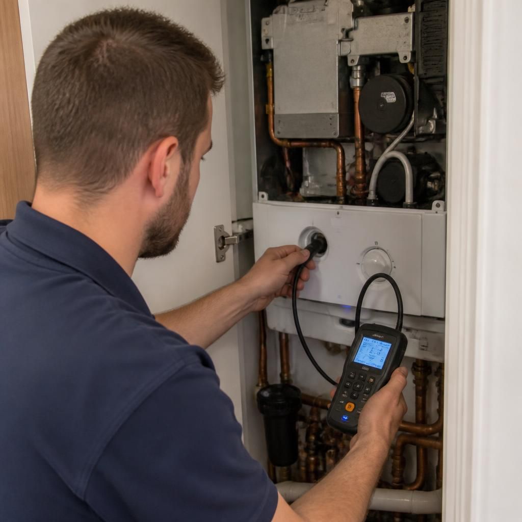 Engineer checking a boiler with a flue gas analyser