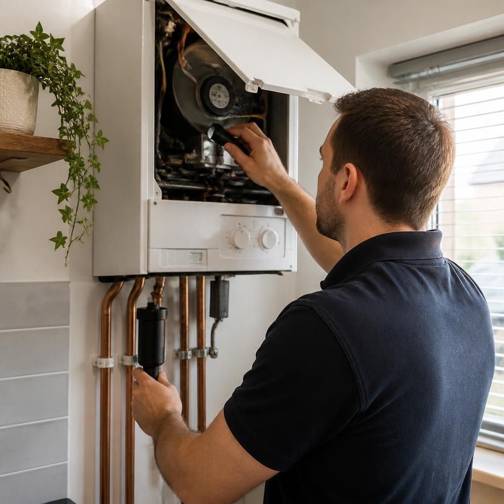 Engineer inspecting a wall-mounted boiler in a rented property