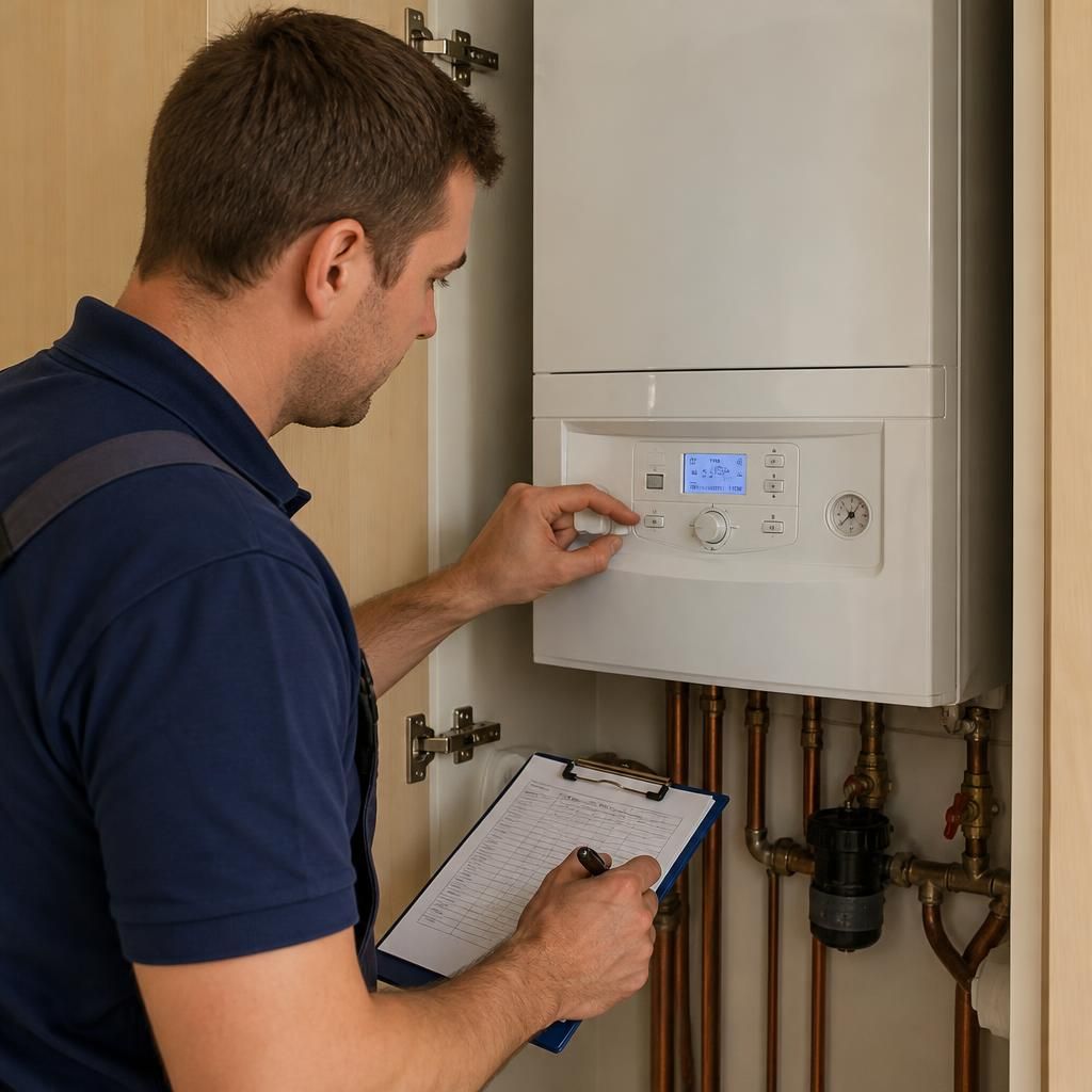 Heating engineer checking a boiler’s control panel during a routine service