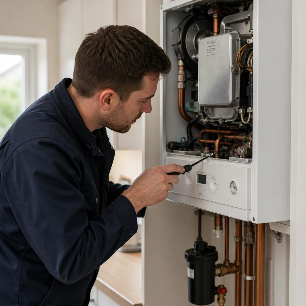 Engineer examining boiler components during a service inspection