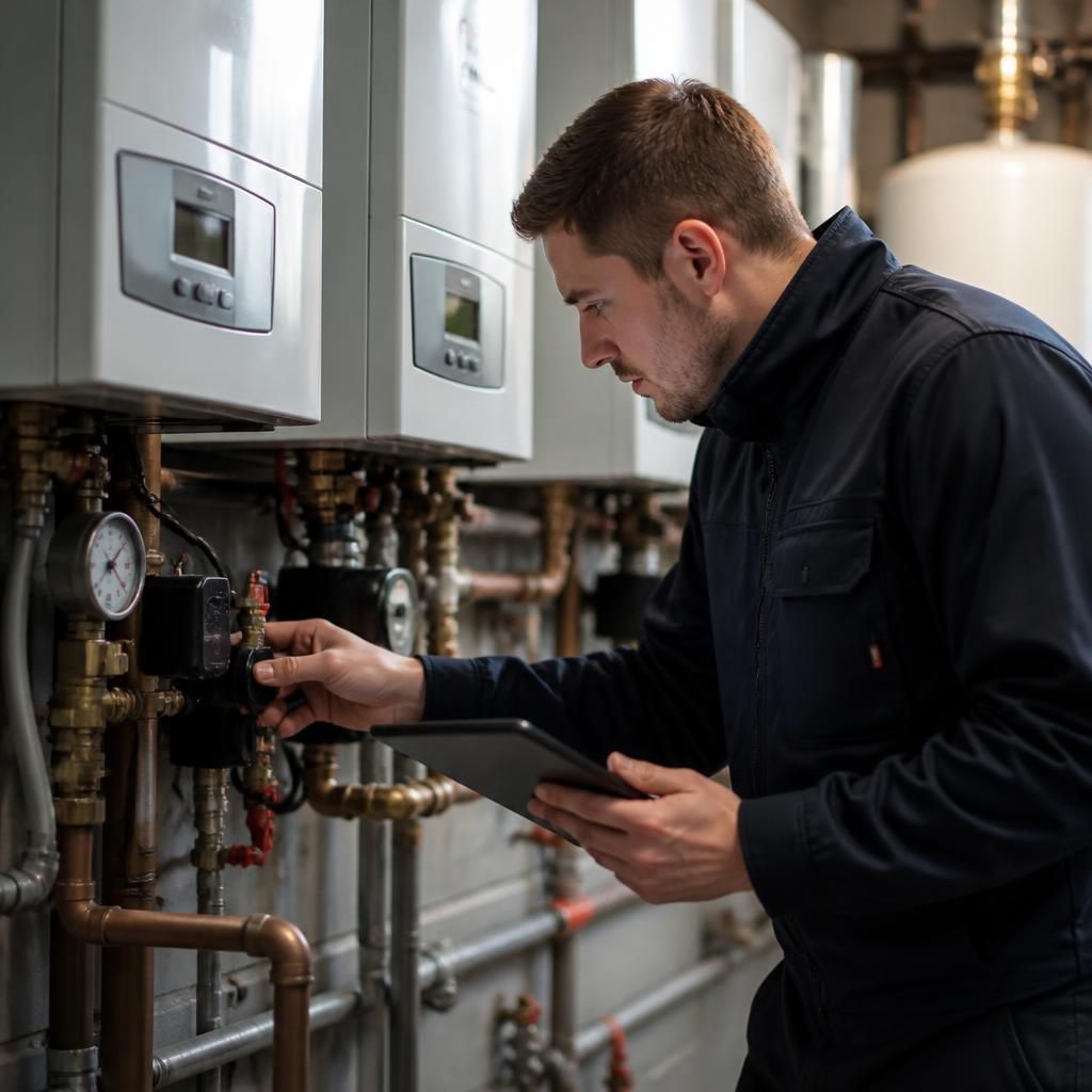 Engineer inspecting a commercial boiler and checking its connected heating components