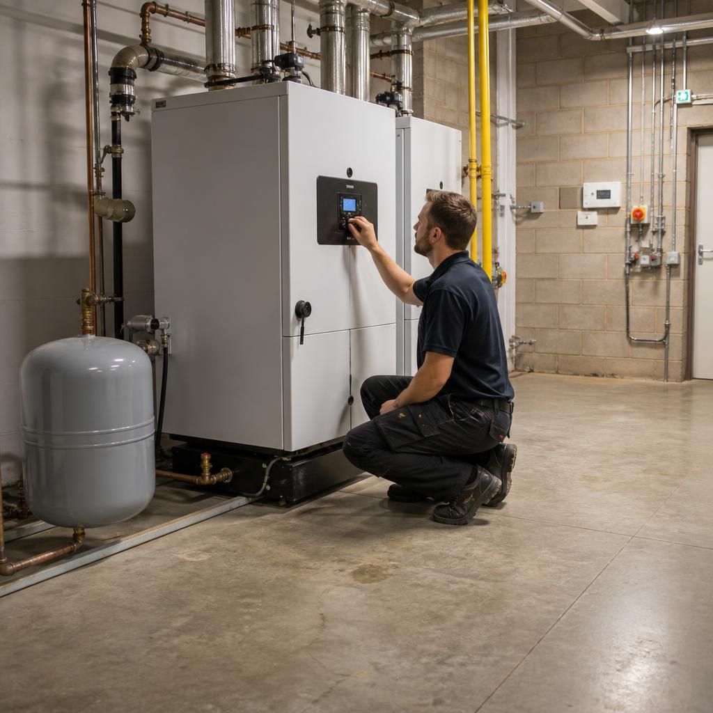 Engineer inspecting a commercial boiler in a plant room with clear space around the appliance