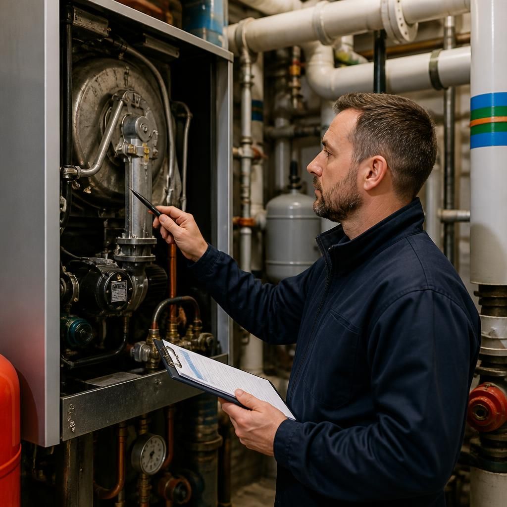 Engineer inspecting a commercial boiler in a plant room