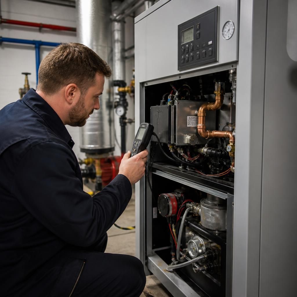 Engineer inspecting a commercial boiler in a plant room