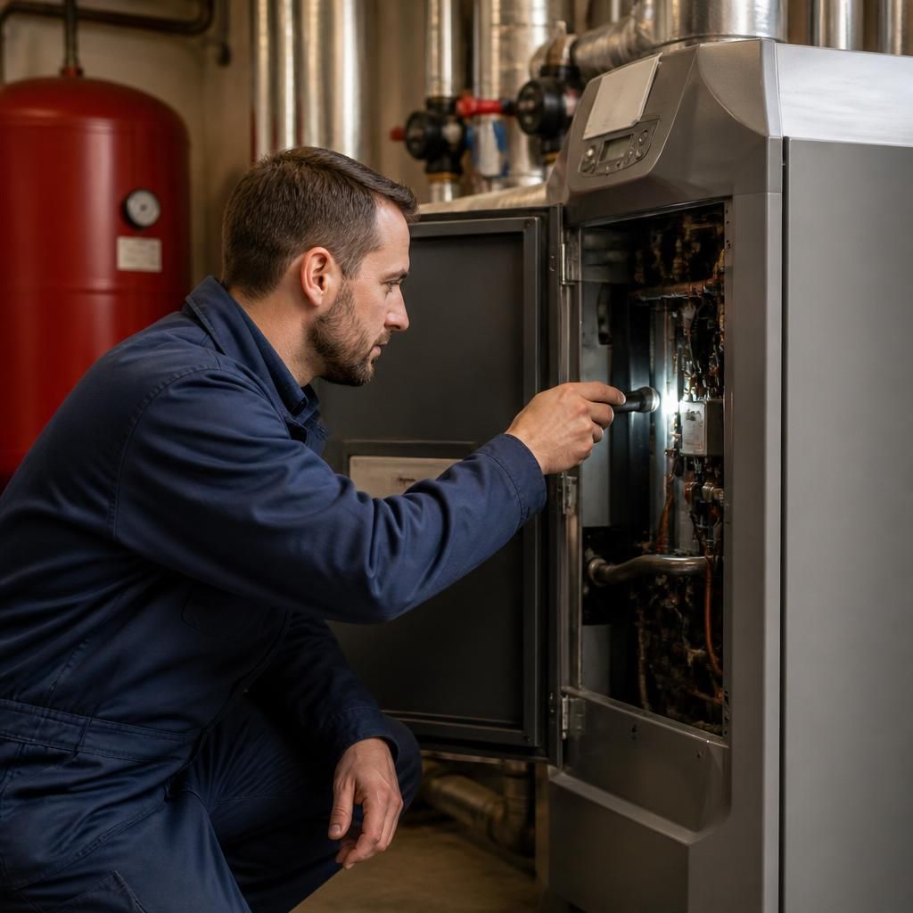 Engineer inspecting a commercial boiler in a plant room