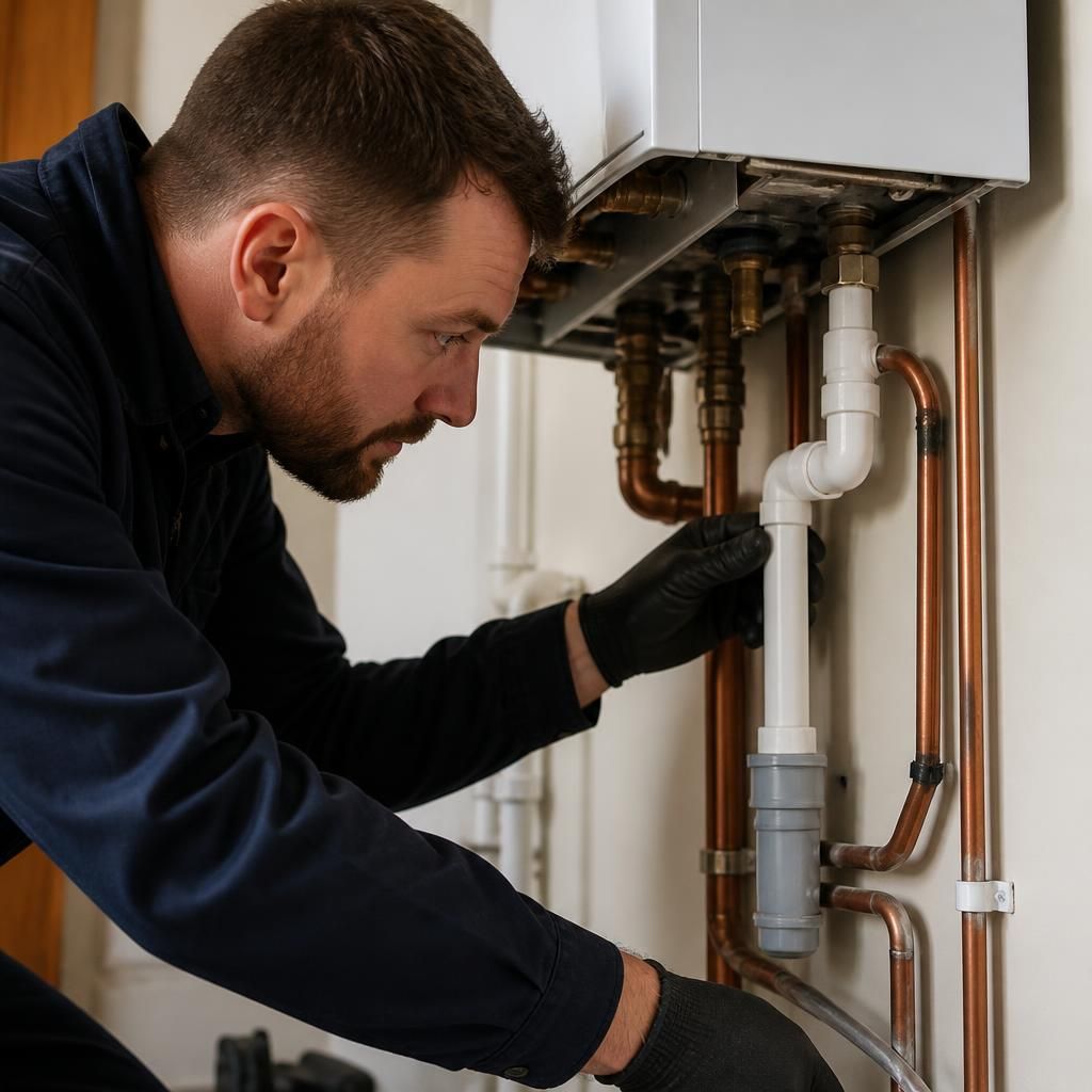 Engineer examining a boiler condensate pipe and drain connection