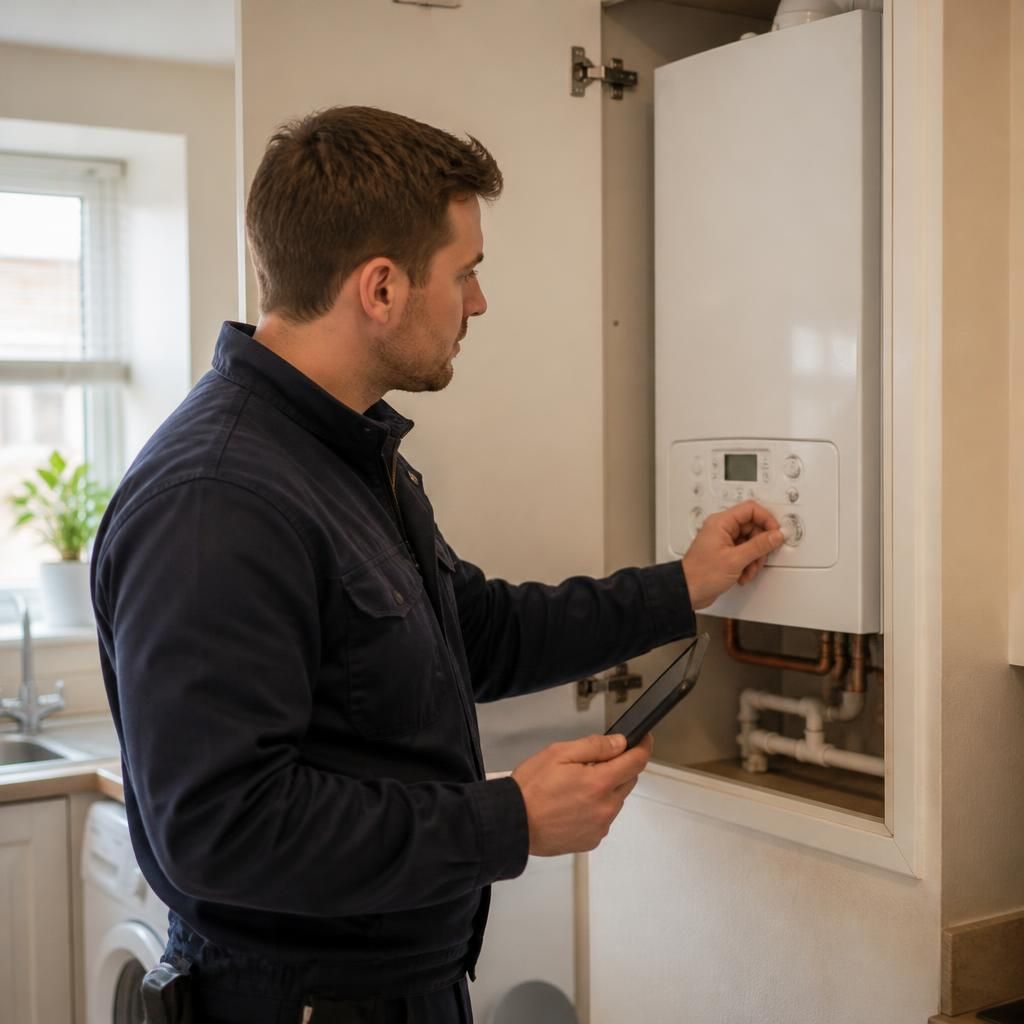 Engineer inspecting a boiler inside a rented flat