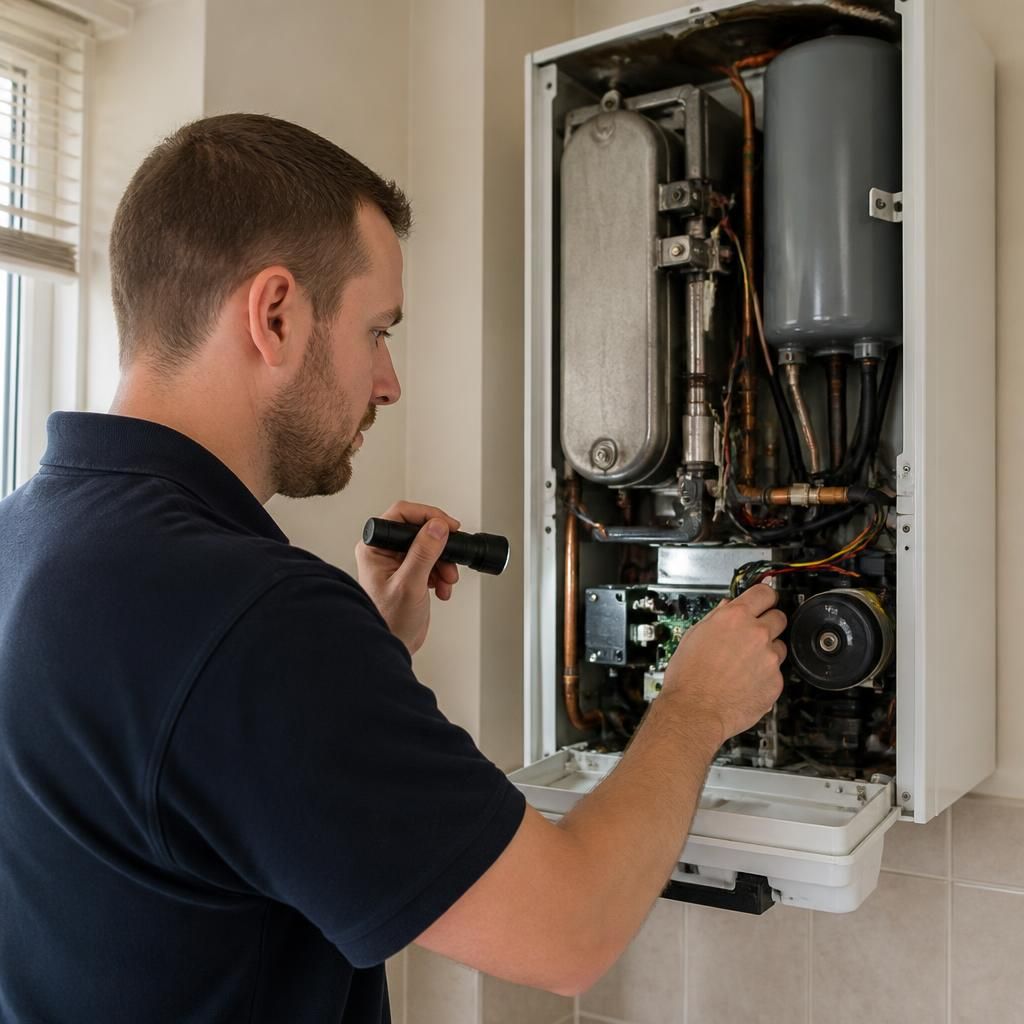 Engineer inspecting the internal components of a domestic boiler