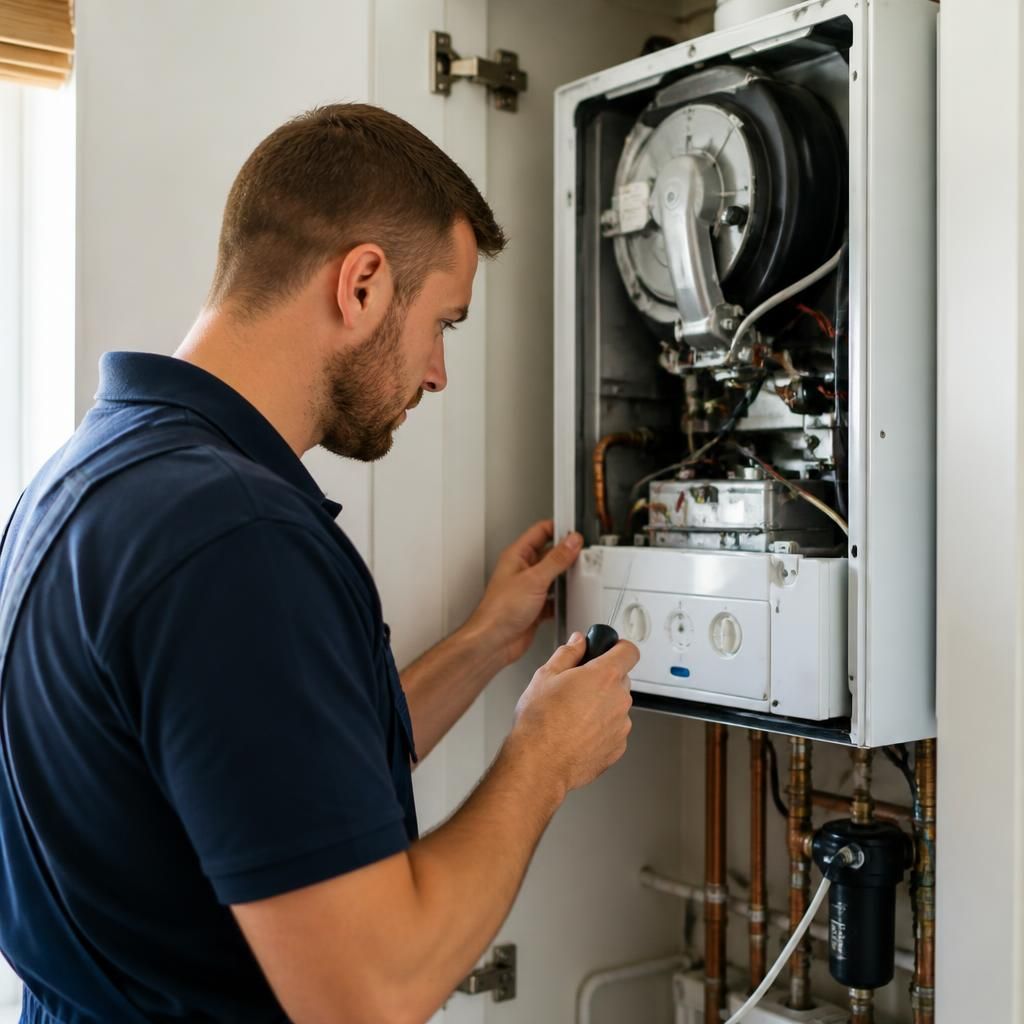 Engineer checking a domestic boiler during a routine service