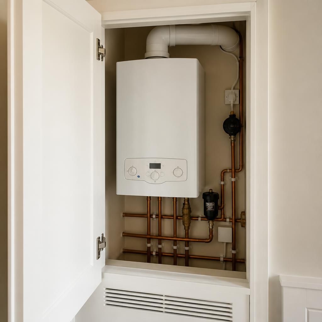 Domestic boiler and heating controls in a clear, accessible cupboard
