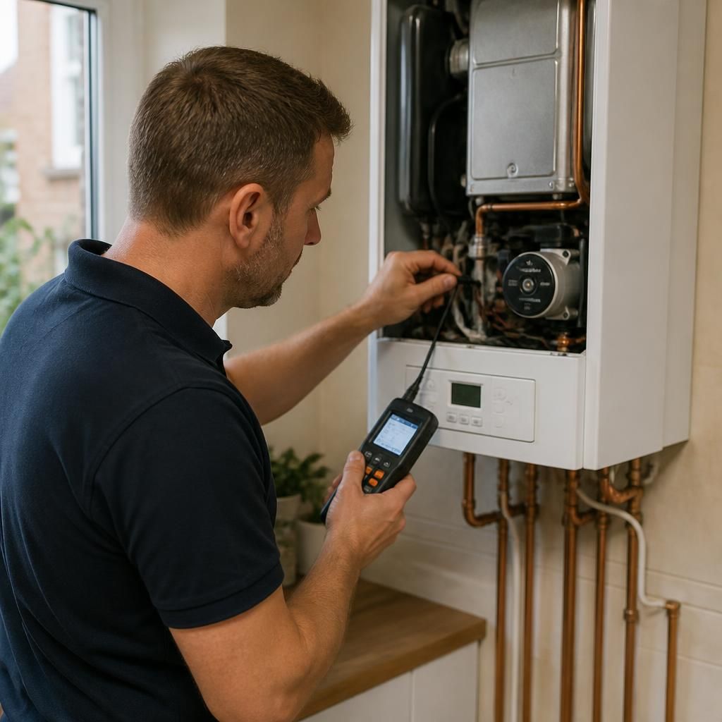 Heating engineer inspecting a domestic boiler with a digital diagnostic meter