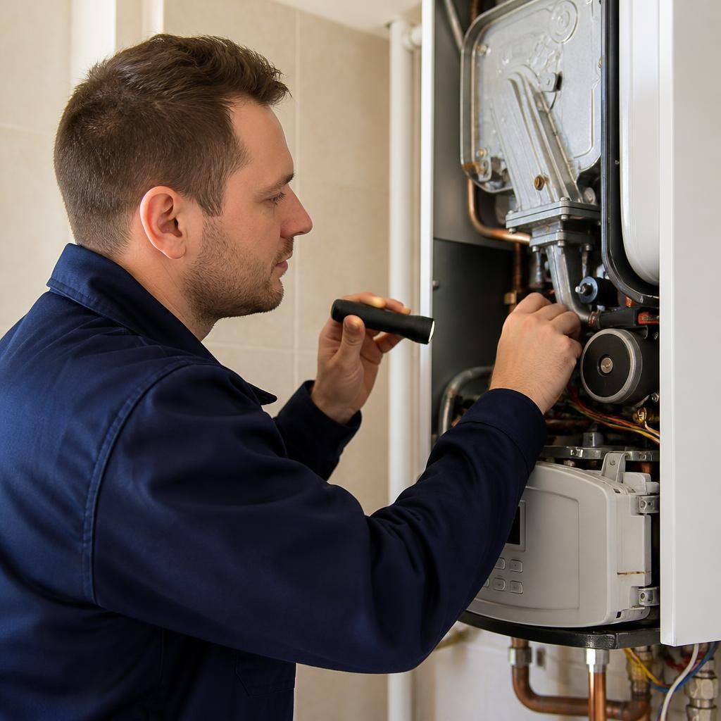 Engineer inspecting boiler components during a routine service