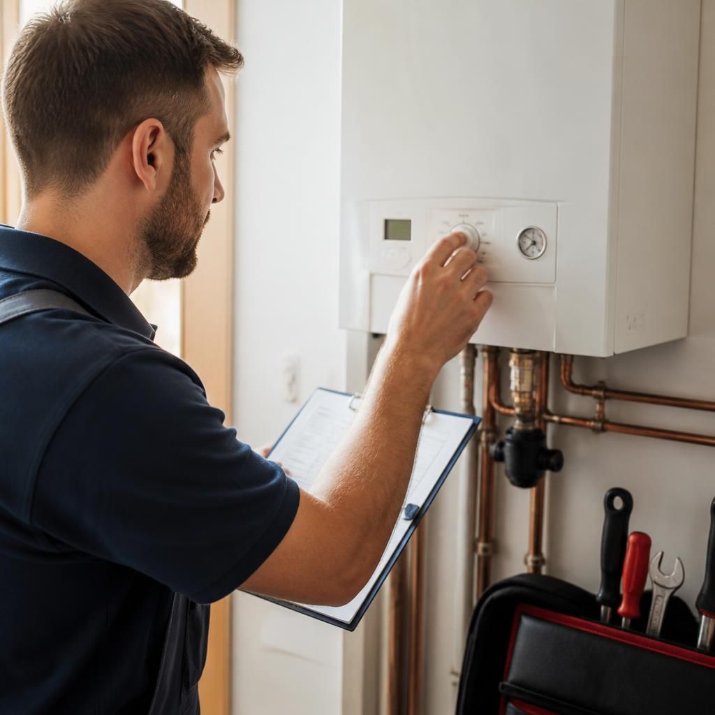Engineer checking boiler controls beside a domestic heating system