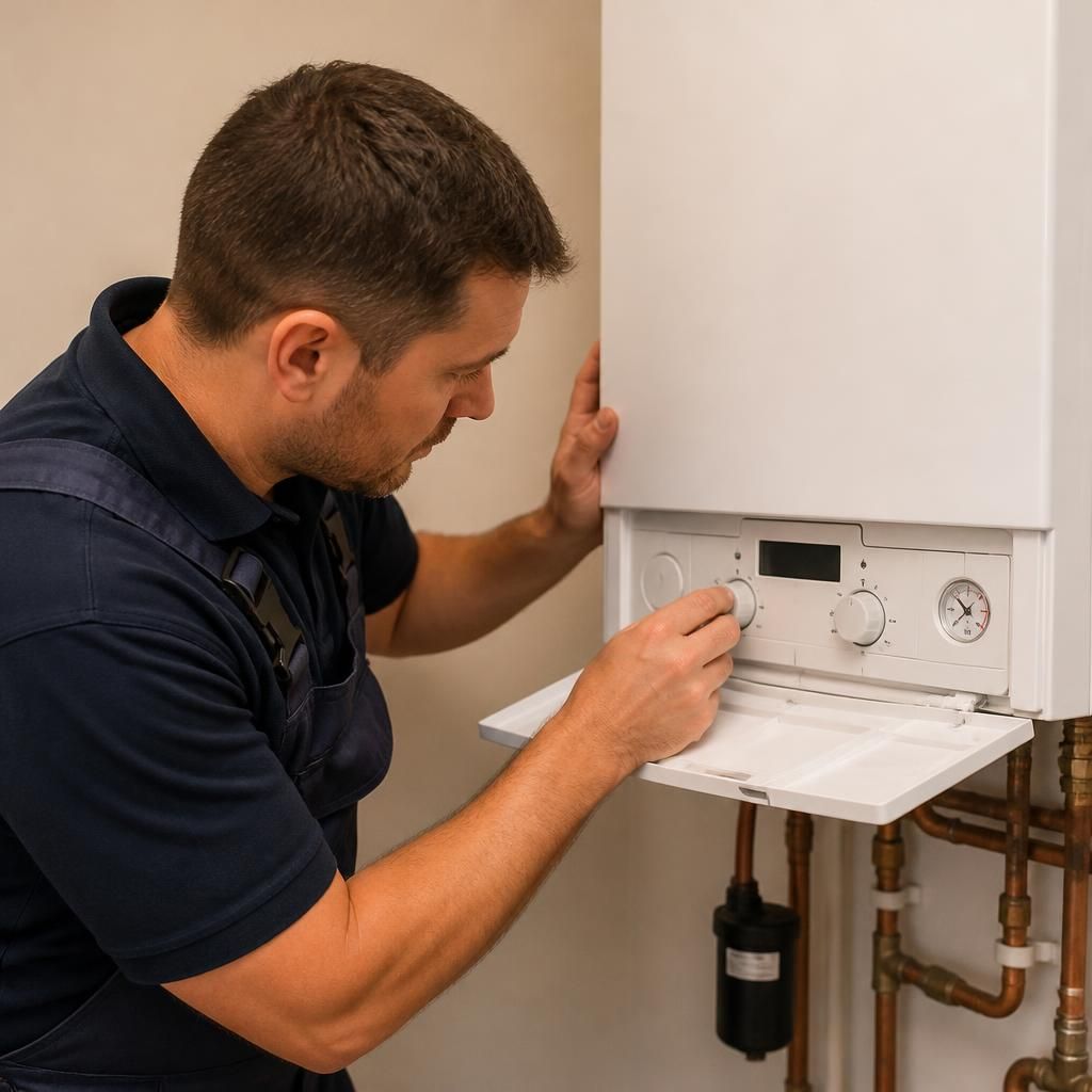 Engineer inspecting a domestic boiler and checking its controls during a routine service