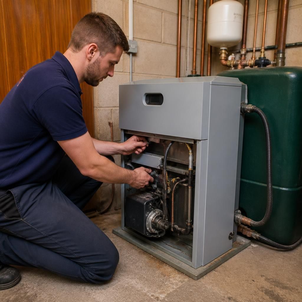 Engineer inspecting an oil boiler in a domestic utility room