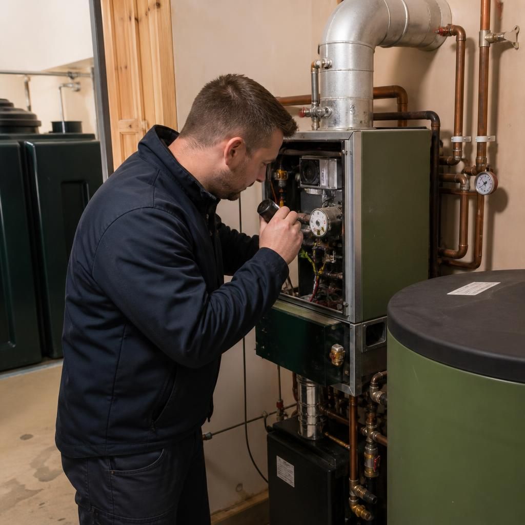 Engineer inspecting an oil boiler and flue in a rented home