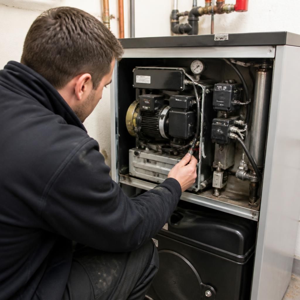 Engineer inspecting an oil boiler with its front panel removed