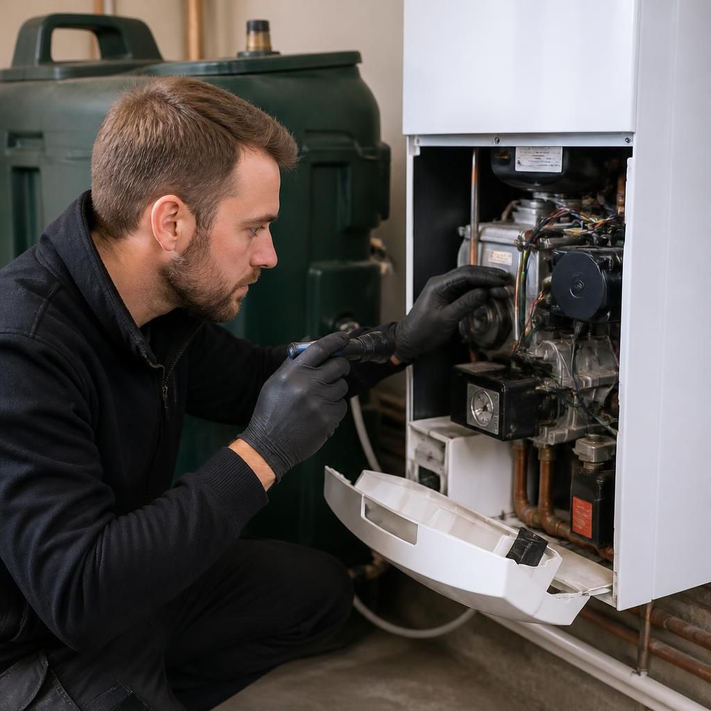 Engineer inspecting an oil or LPG boiler with the access panel removed