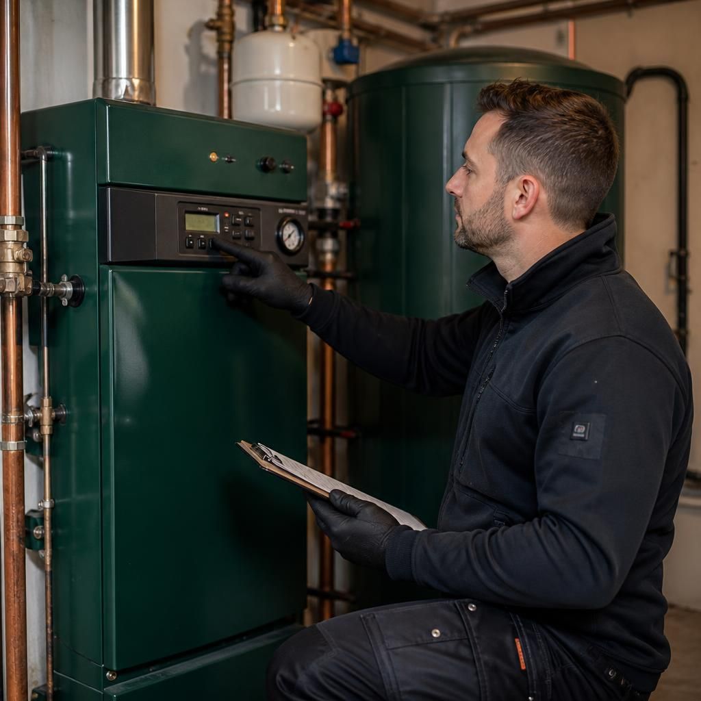 Engineer checking an oil boiler’s controls during a service visit