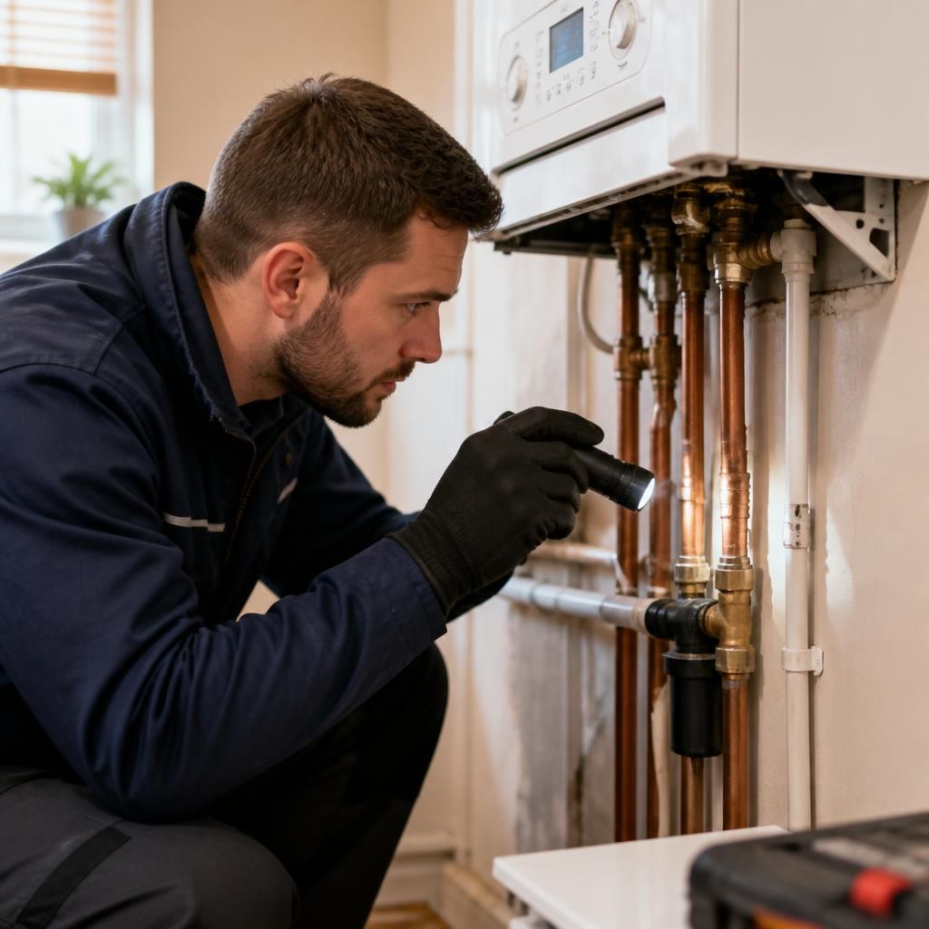 Engineer inspecting pipework beneath a wall-mounted boiler