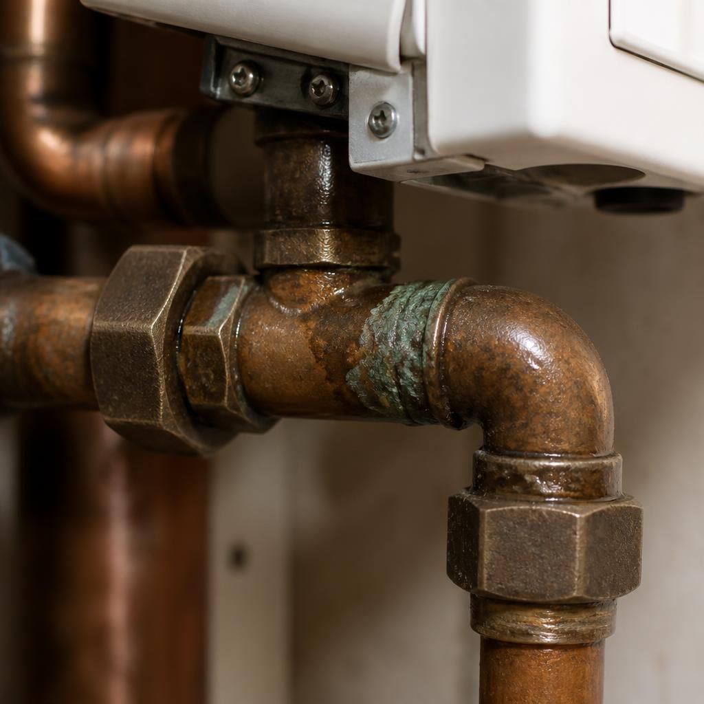 Boiler pipe joint showing moisture and corrosion