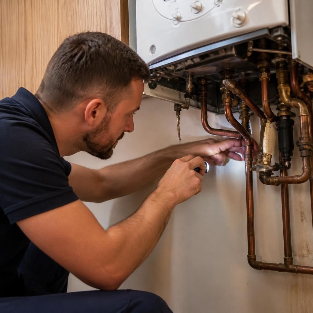 Engineer inspecting pipework beneath a boiler