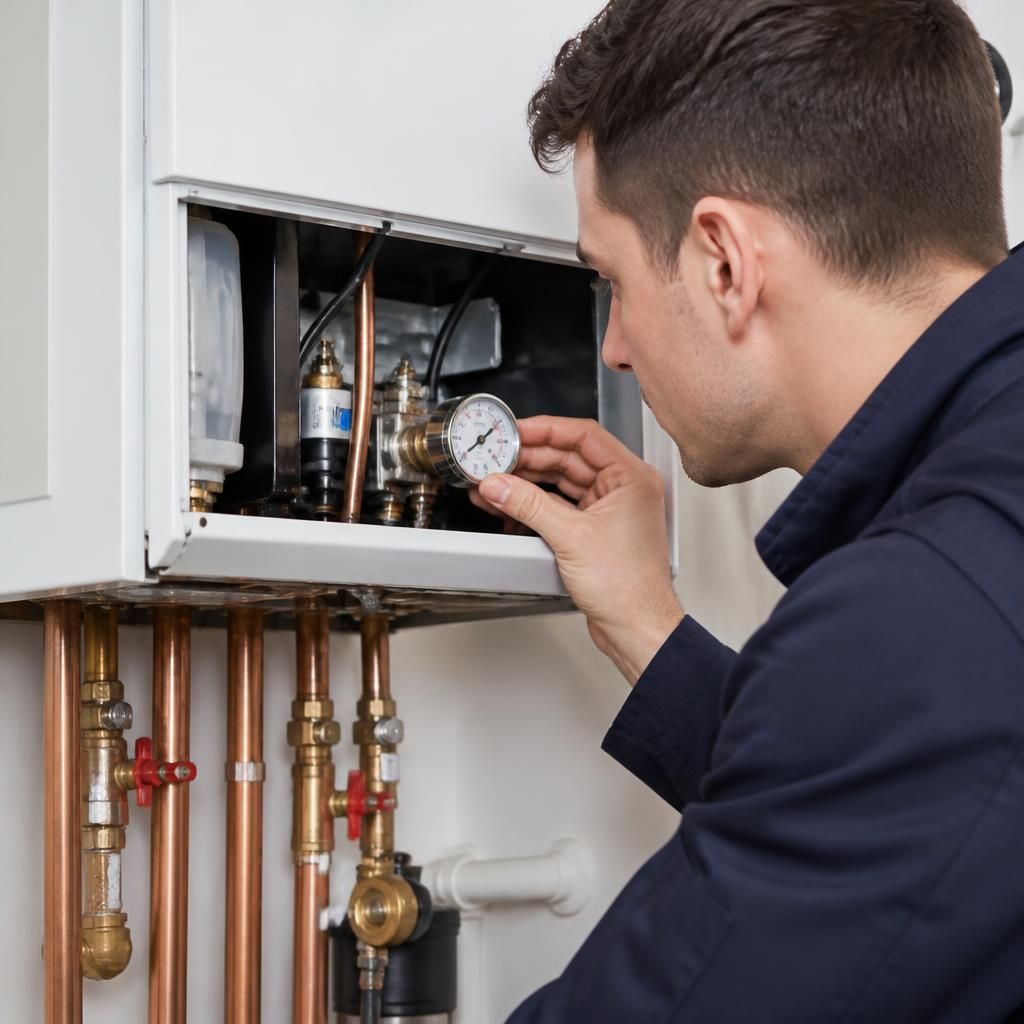 Engineer inspecting boiler pipework and checking a pressure gauge