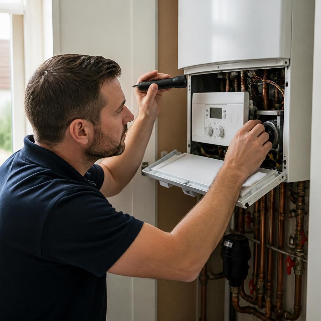 Engineer inspecting a domestic boiler during a central heating maintenance visit