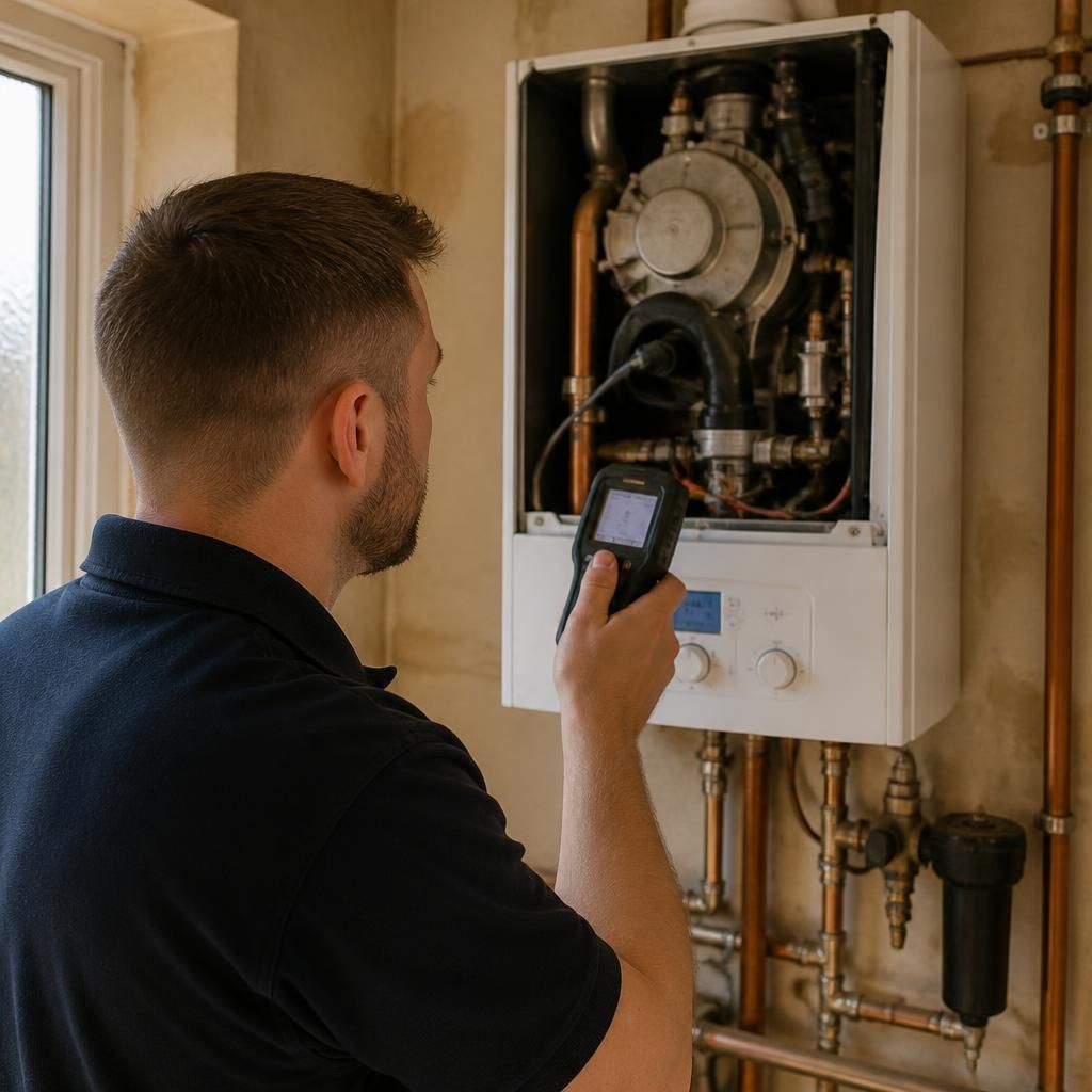 Engineer inspecting a domestic boiler during a central heating maintenance visit