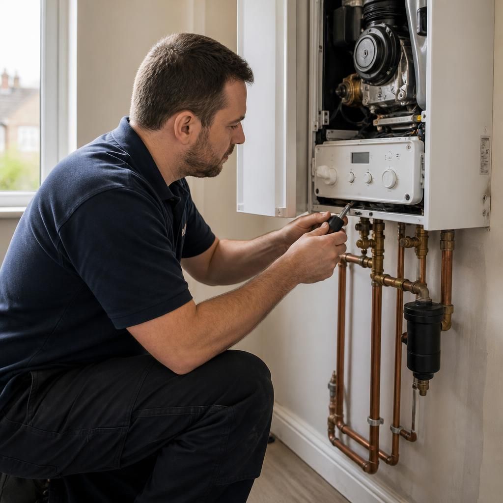 Engineer checking a central heating boiler and its pipework