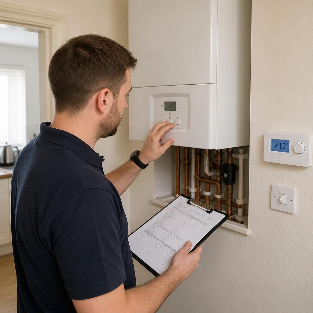 Engineer inspecting a boiler and central heating controls in a rental property
