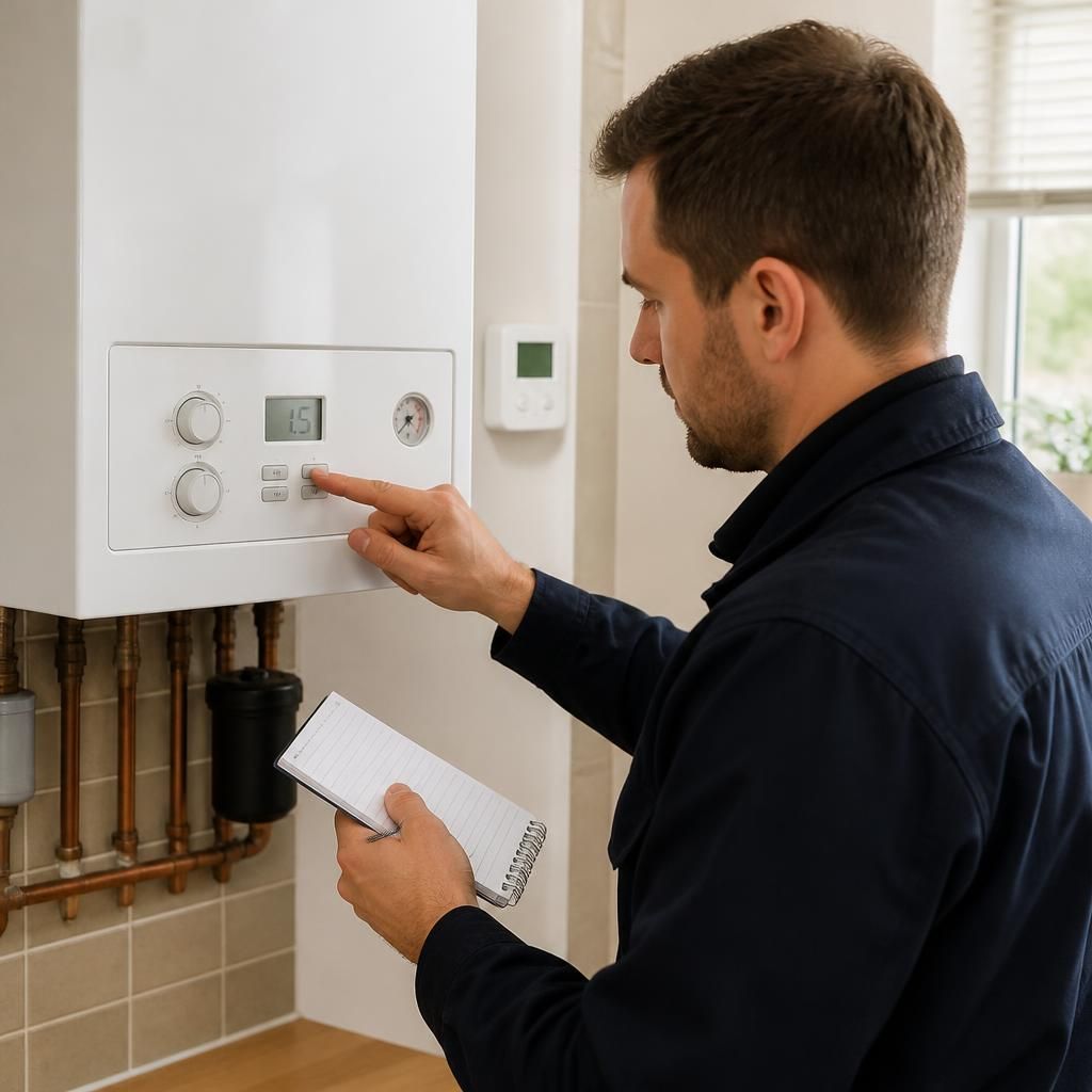 Engineer inspecting a domestic boiler and central heating controls