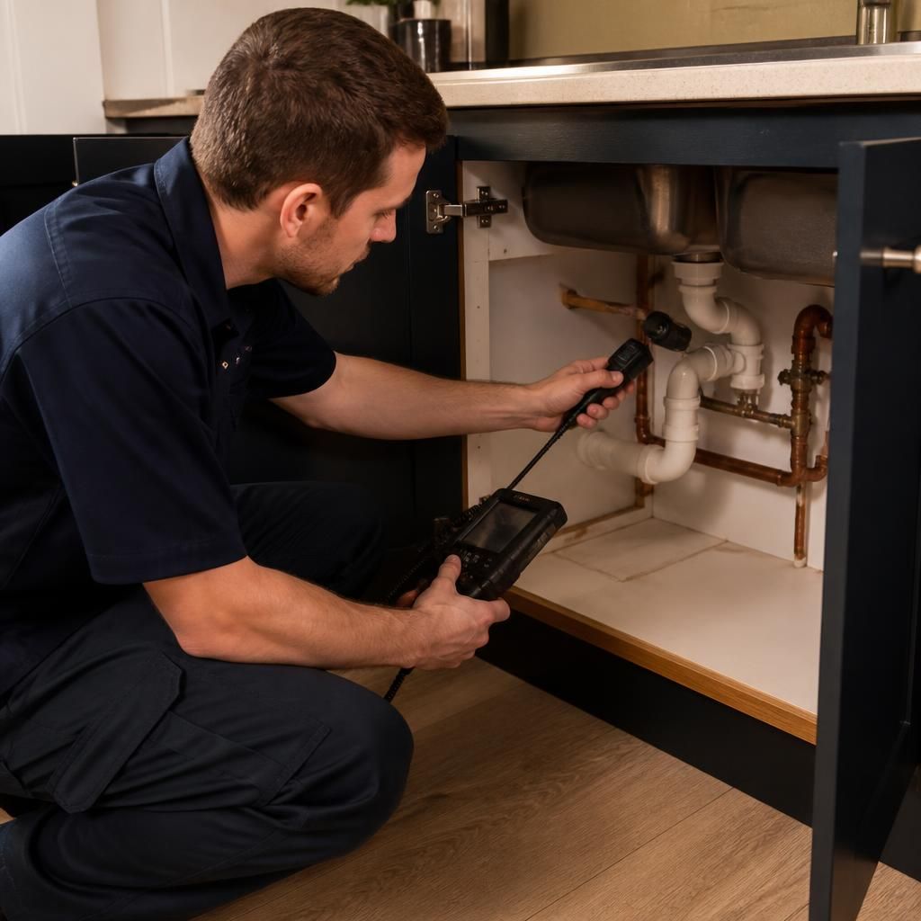 Plumber inspecting concealed pipework beneath a kitchen sink