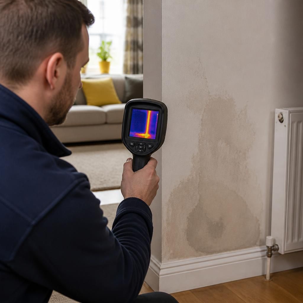 Plumber using a thermal imaging camera to inspect a wall in a lived-in home