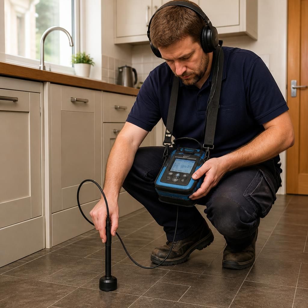 Plumber using acoustic leak detection equipment beside a kitchen floor