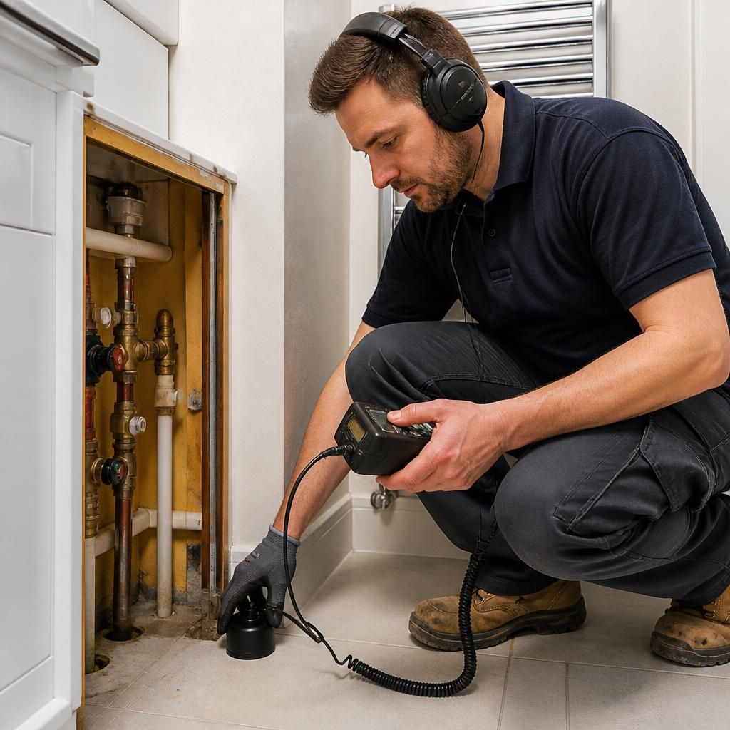 Technician using an acoustic leak detection sensor beside a concealed water pipe