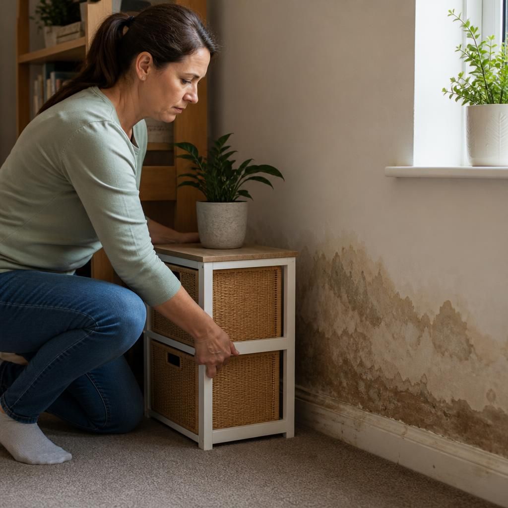 Homeowner moving belongings away from a damp wall before a plumber's inspection