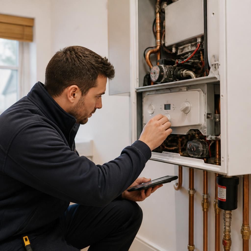 Heating engineer inspecting a boiler in a rented home
