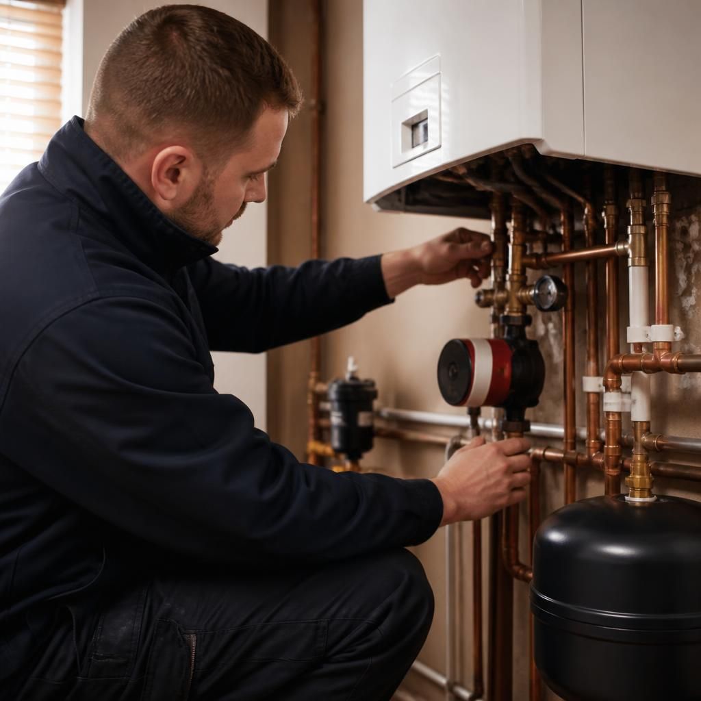 Engineer inspecting a central heating boiler, pump and connecting pipework